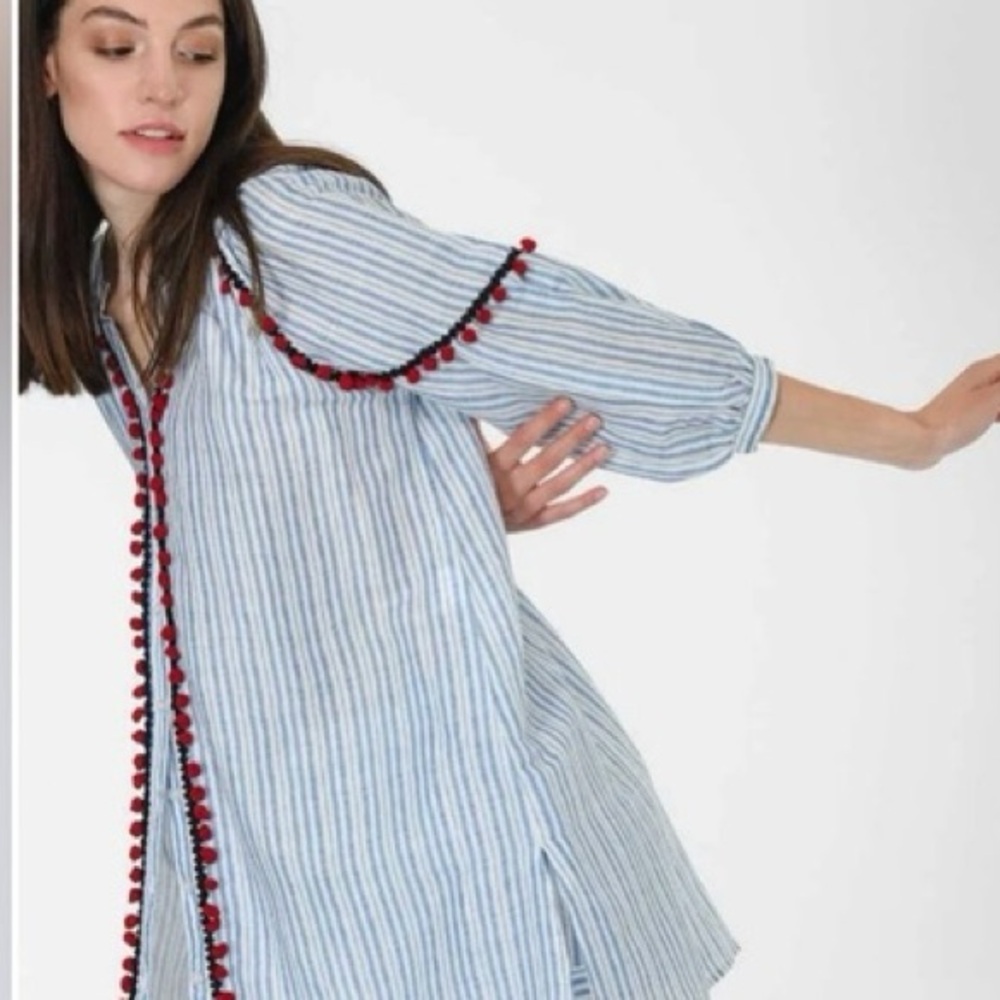 Zara Blue and White Tunic with Red Trim